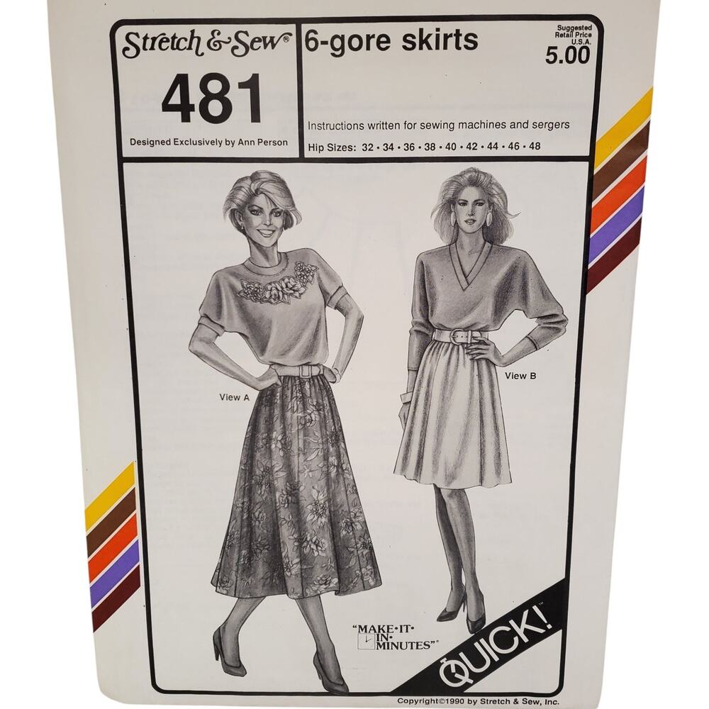 Stretch & Sew Gored Skirt Make It In Minutes 481 UNCUT Vintage Hip Size 32-48